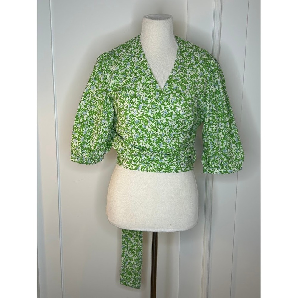 Boom Studio Germany Green Floral Wrap Blouse Puff Sleeve Cropped Tie Top M/L